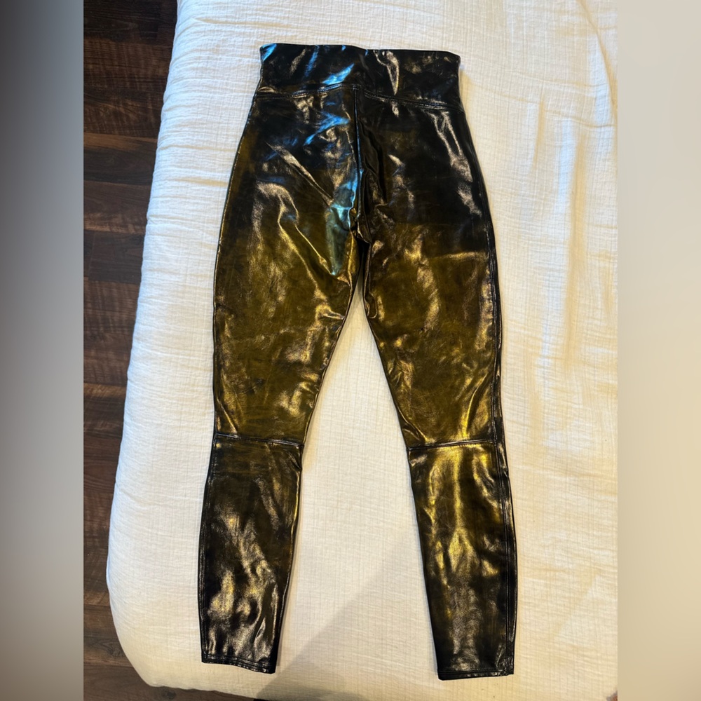 SPANX Black Shine Leggings with Red Logo Tag